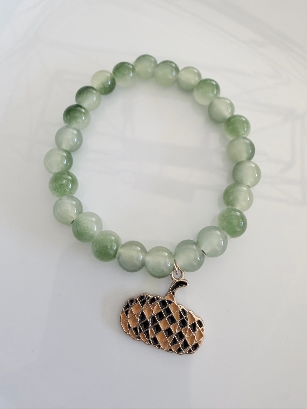 Fall Green Beaded Bracelet with Pumpkin Charm Handmade Novelty Jewelry